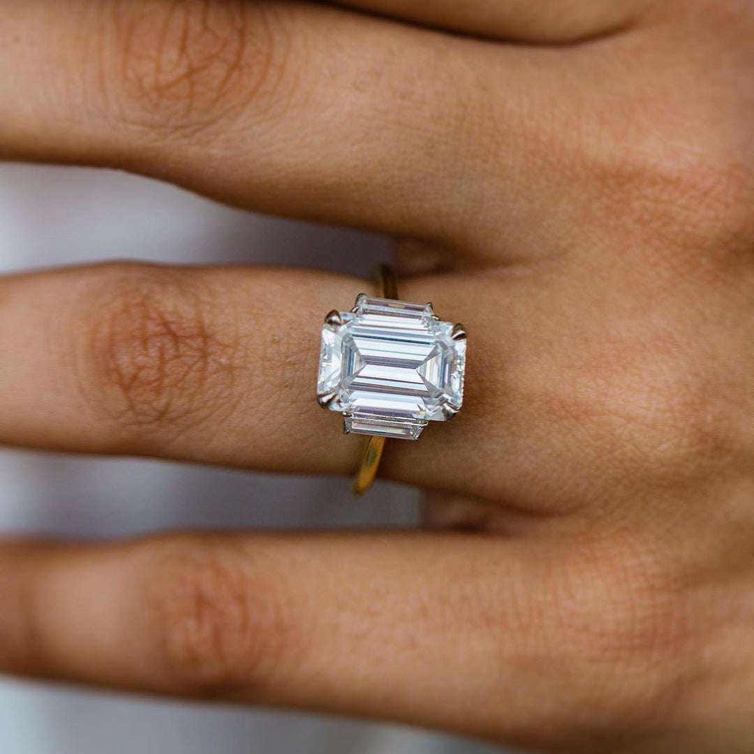 4.1 CT Emerald Three Stone Lab Grown Diamond Engagement Ring