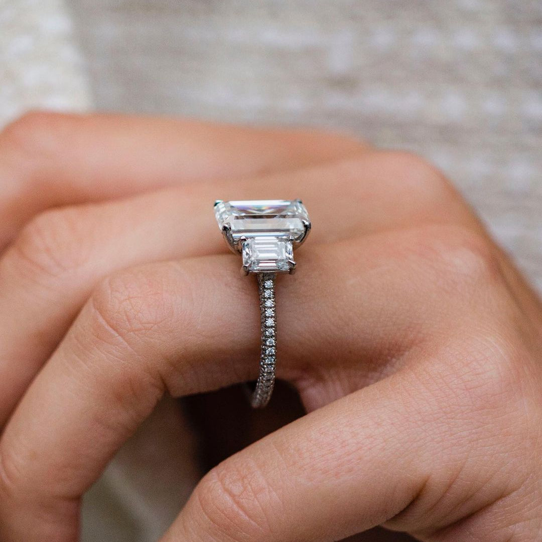 3.8 CT Emerald Three Stone Lab Grown Diamond Engagement Ring