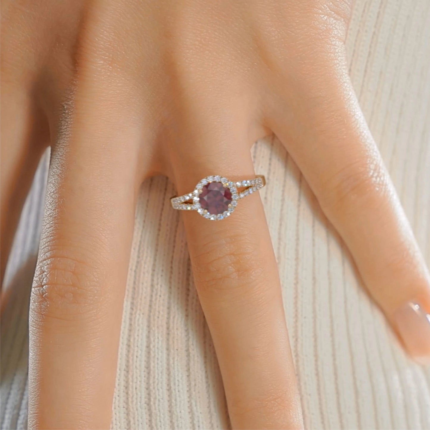 1 CT Round Halo & Pave Split Shank Lab-Grown Ruby Gemstone Engagement Ring