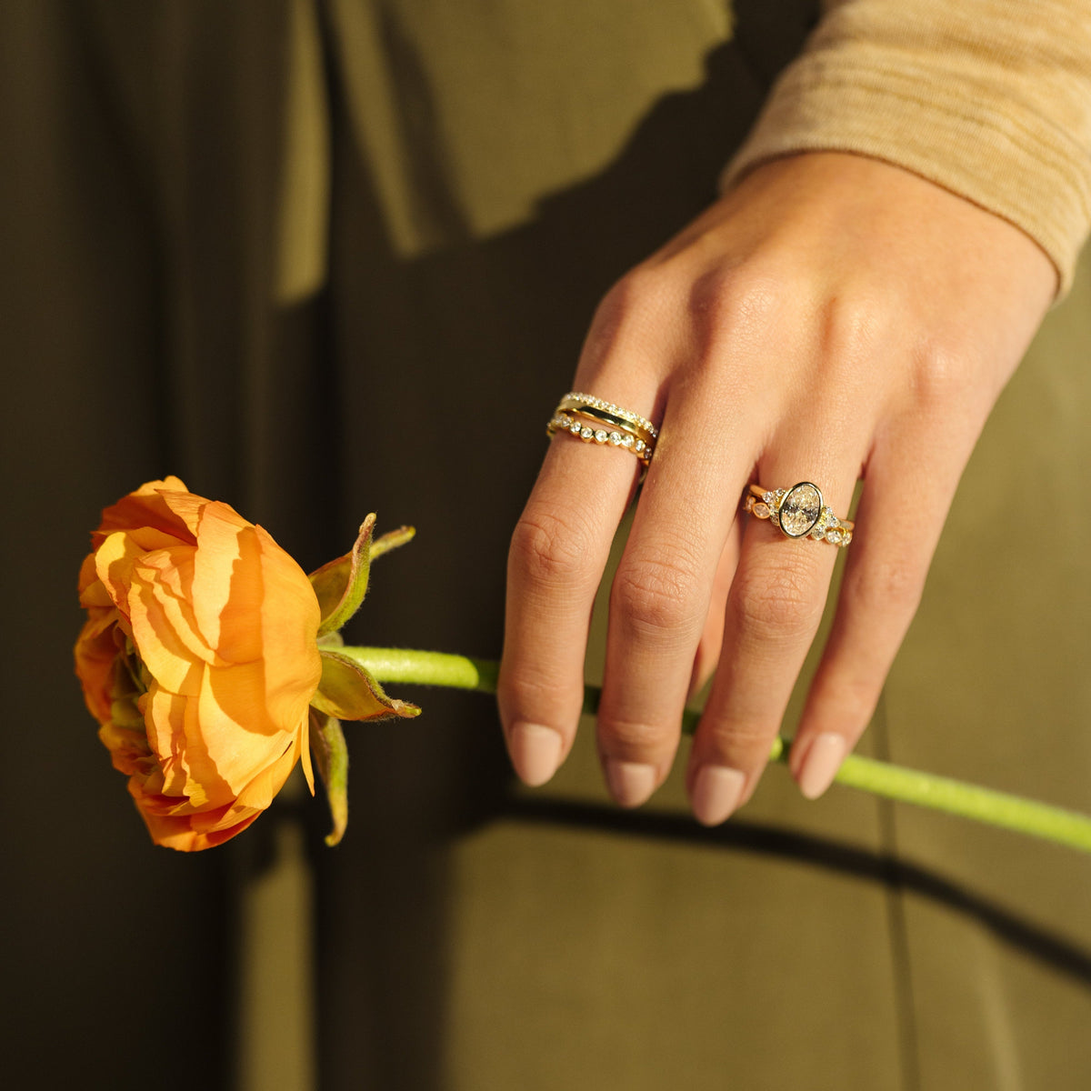 Oval Cluster Bezel Lab Grown Diamond Engagement Ring