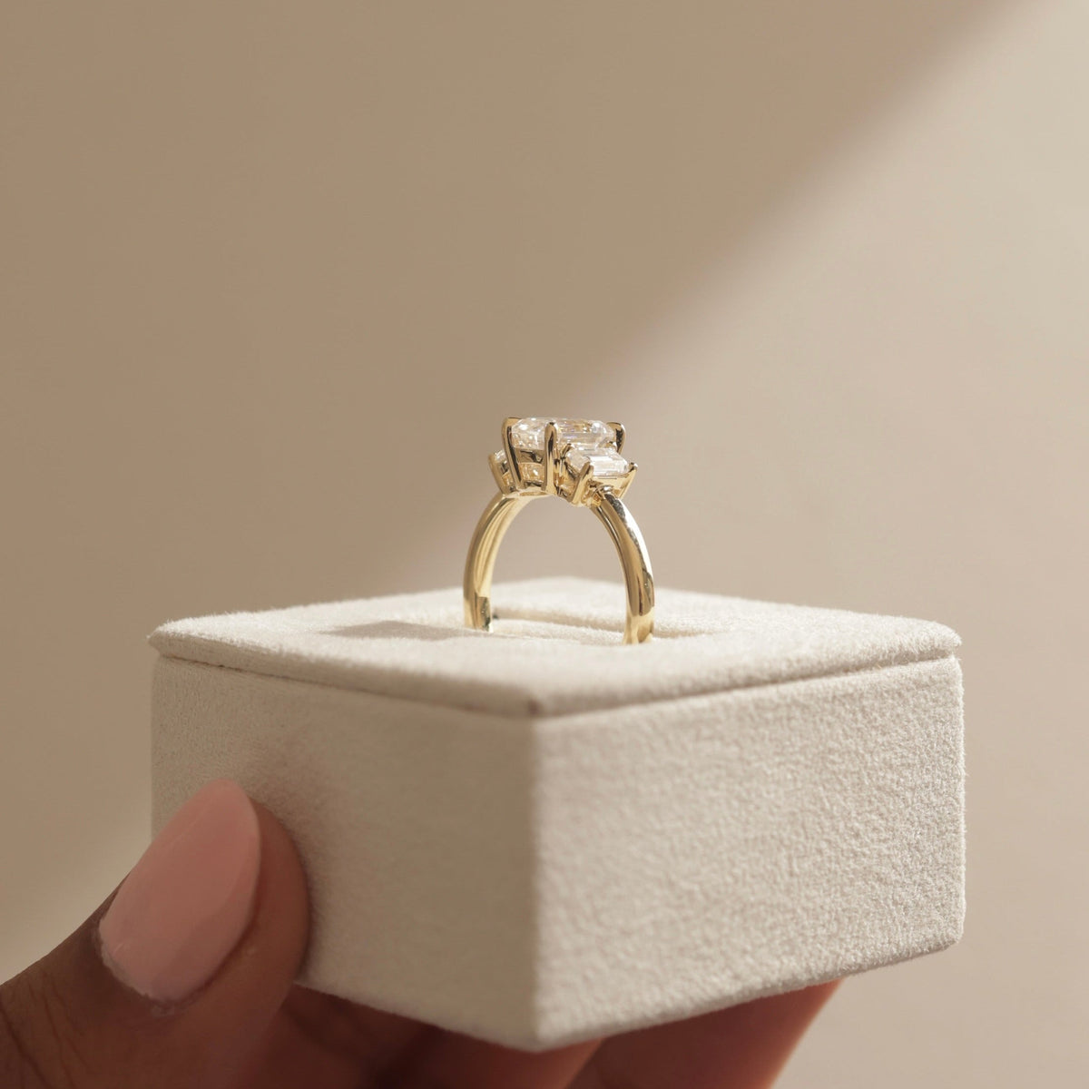 Emerald Three Stone Lab Grown Diamond Engagement Ring