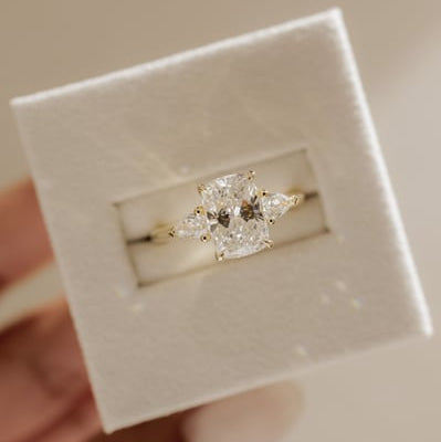 Elongated Cushion Three Stone Lab Grown Diamond Engagement Ring