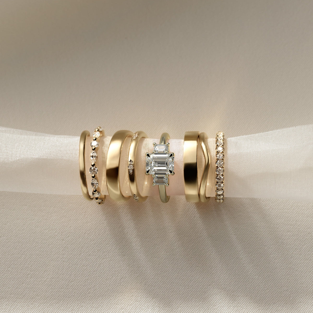 Emerald Three Stone Lab Grown Diamond Engagement Ring