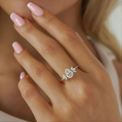 1.25 CT Pear Cluster Lab Grown Diamond Engagement Ring