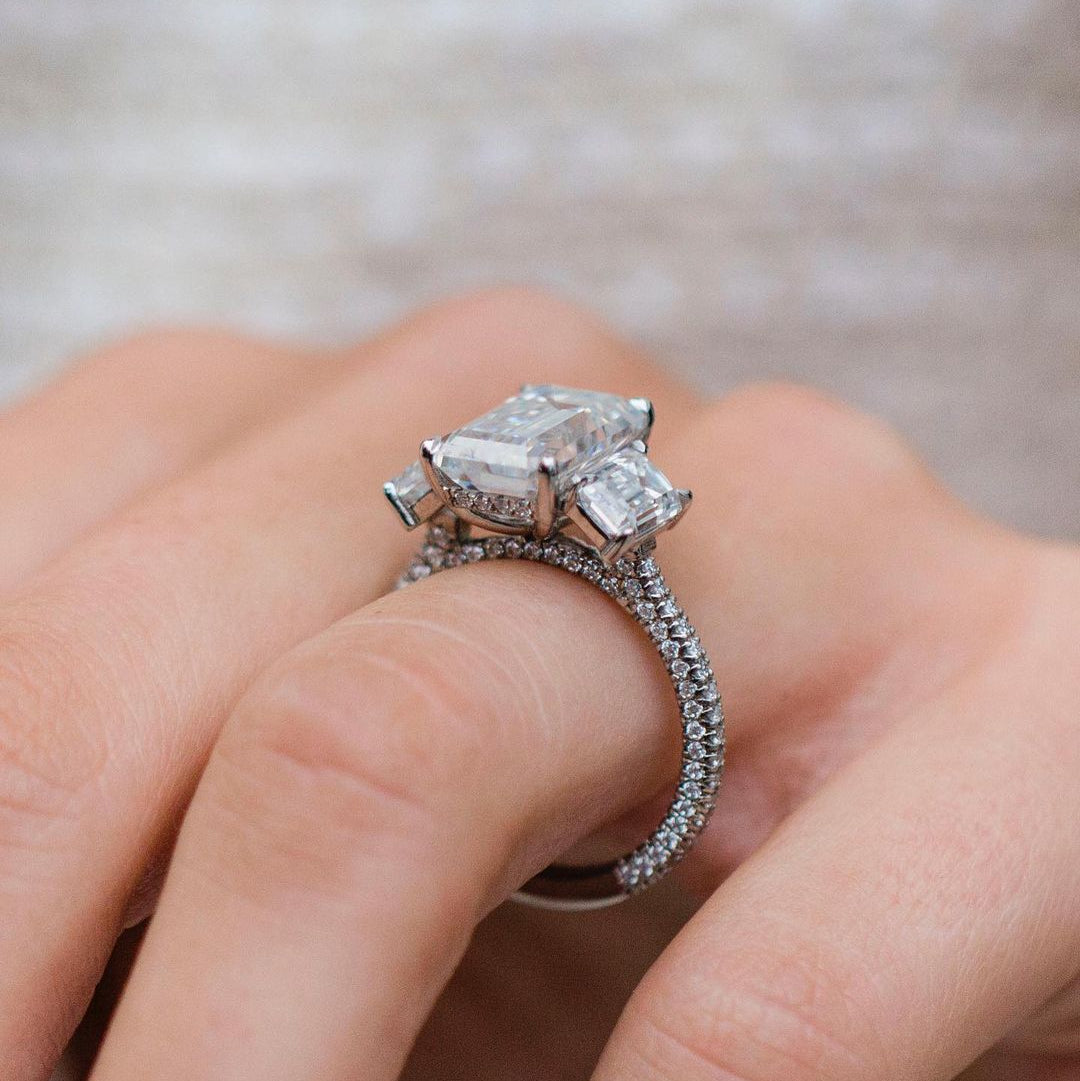 3.8 CT Emerald Three Stone Lab Grown Diamond Engagement Ring