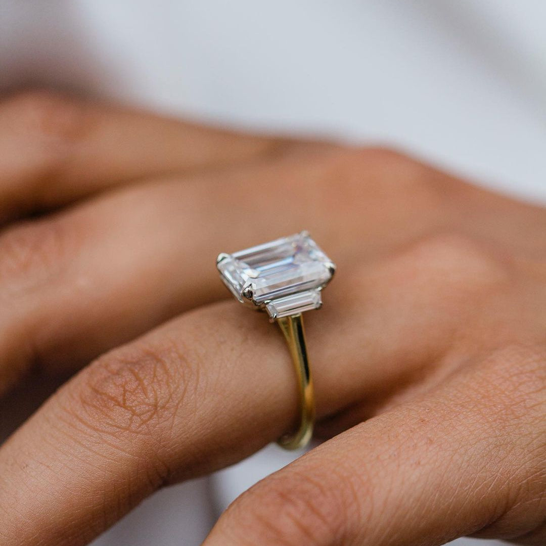 4.1 CT Emerald Three Stone Lab Grown Diamond Engagement Ring