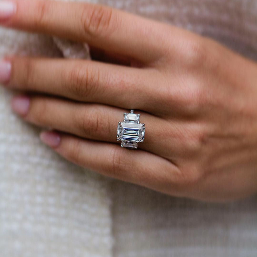 3.8 CT Emerald Three Stone Lab Grown Diamond Engagement Ring