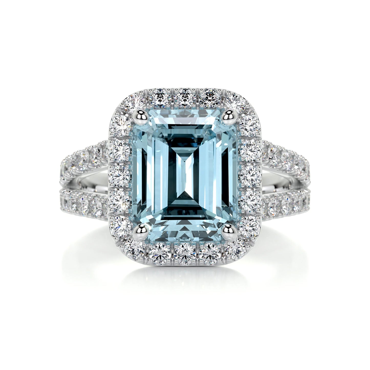 4.5 CT Emerald Halo & Pave Split Shank Lab-Grown Aquamarine Gemstone Engagement Ring