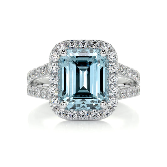 4.5 CT Emerald Halo & Pave Split Shank Lab-Grown Aquamarine Gemstone Engagement Ring