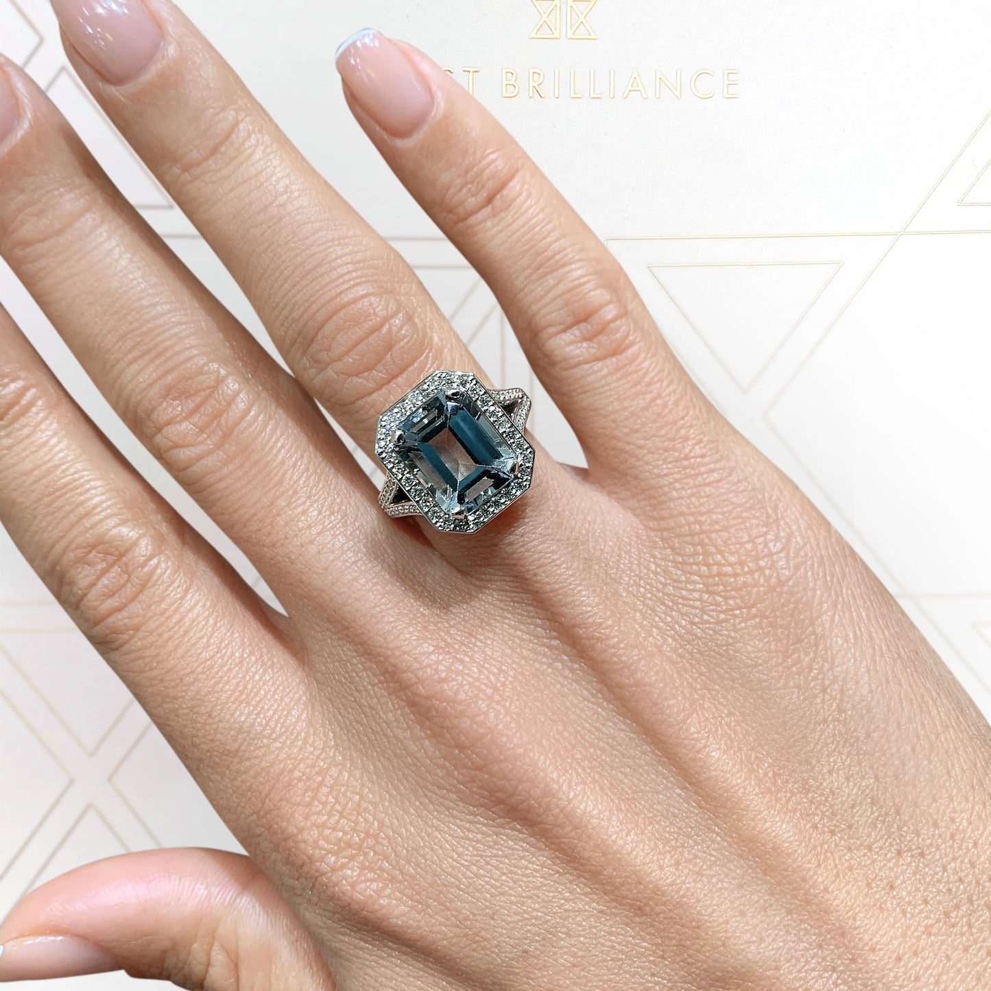 4.5 CT Emerald Halo & Pave Split Shank Lab-Grown Aquamarine Gemstone Engagement Ring