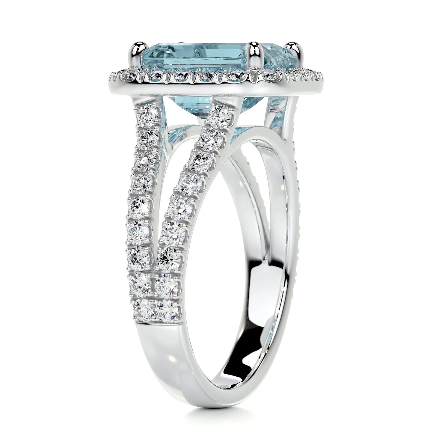 4.5 CT Emerald Halo & Pave Split Shank Lab-Grown Aquamarine Gemstone Engagement Ring