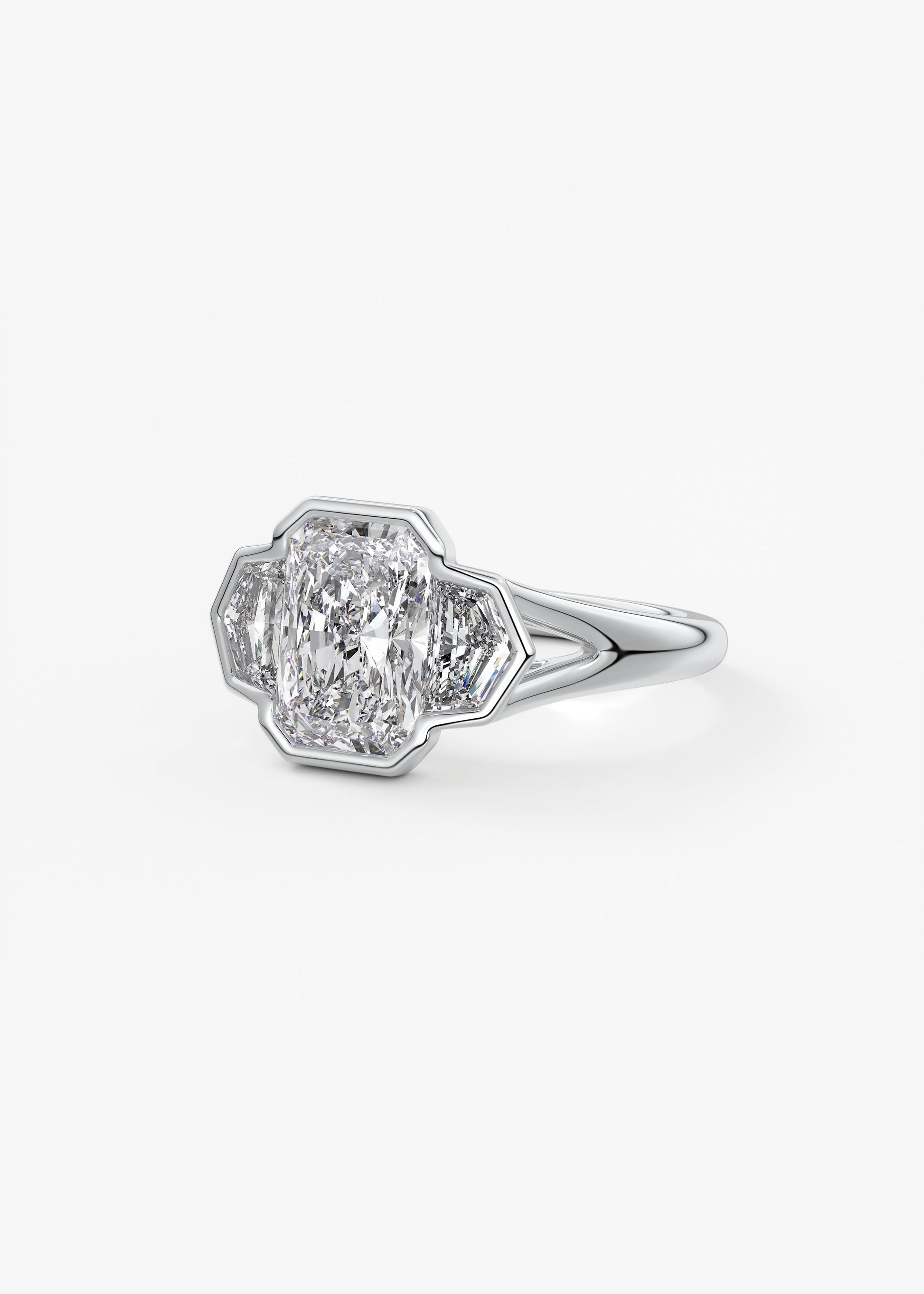 Radiant Three Stone/Bezel Lab Grown Diamond Engagement Ring