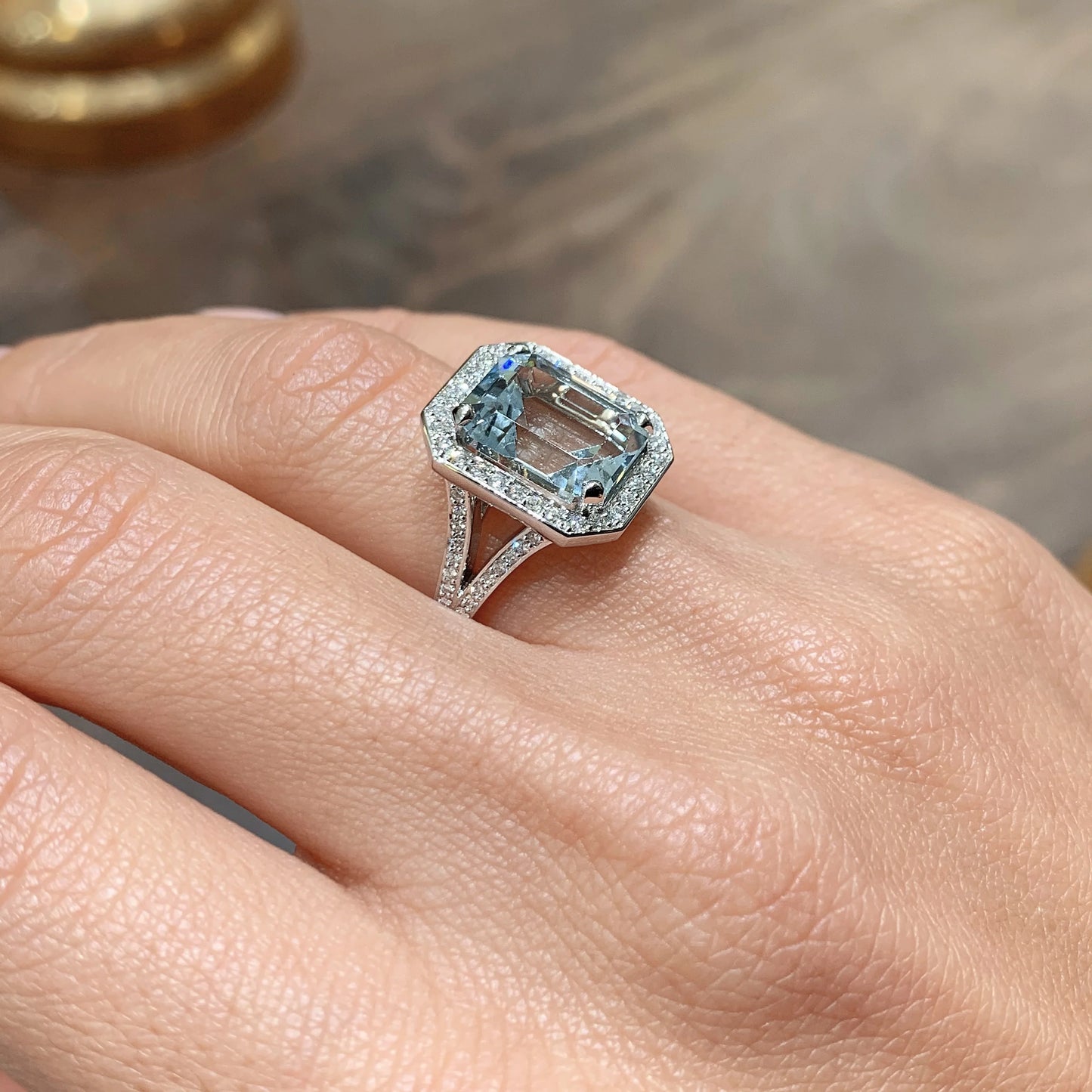 4.5 CT Emerald Halo & Pave Split Shank Lab-Grown Aquamarine Gemstone Engagement Ring