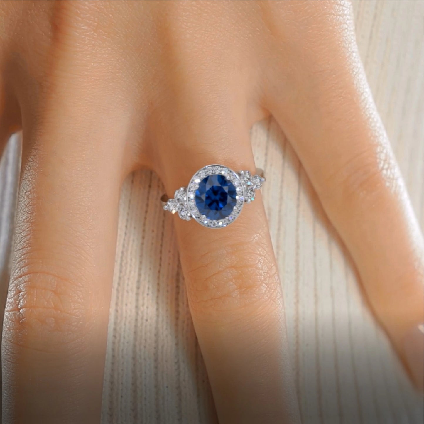 1.5 CT Round Cluster Lab-Grown Sapphire Gemstone Engagement Ring