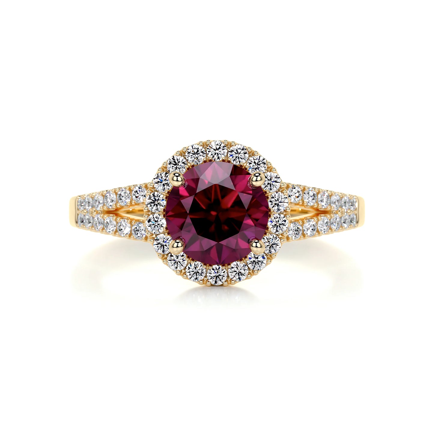1 CT Round Halo & Pave Split Shank Lab-Grown Ruby Gemstone Engagement Ring