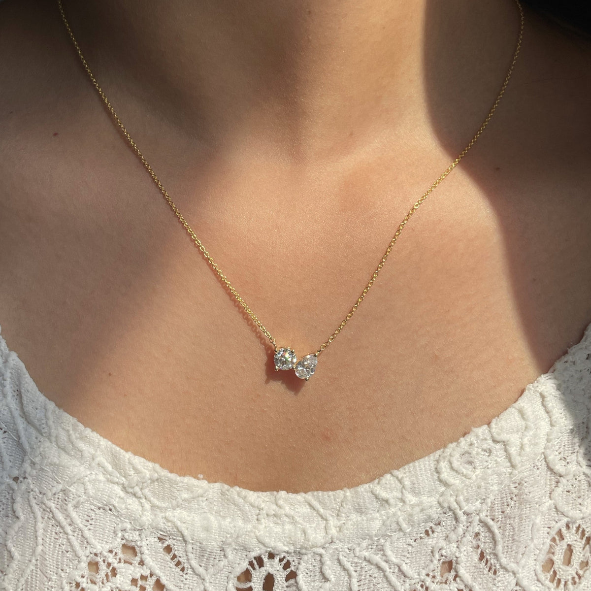 2.0 TCW Pear & Round Lab Grown Diamond Two Stone Necklace