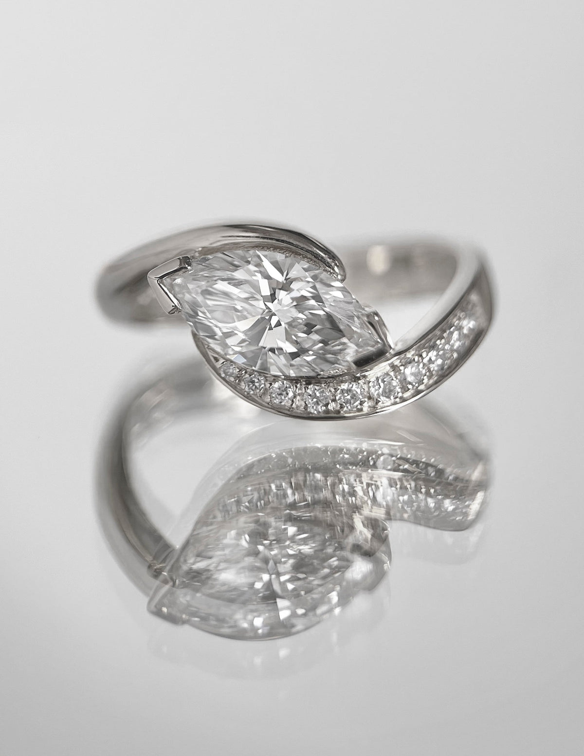 1.5 CT Marquise Cut Lab Grown Diamond Pavé Unique Setting Engagement Ring