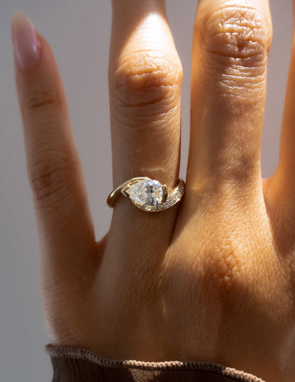 1.5 CT Pear Cut Lab Grown Diamond Pavé Unique Setting Engagement Ring
