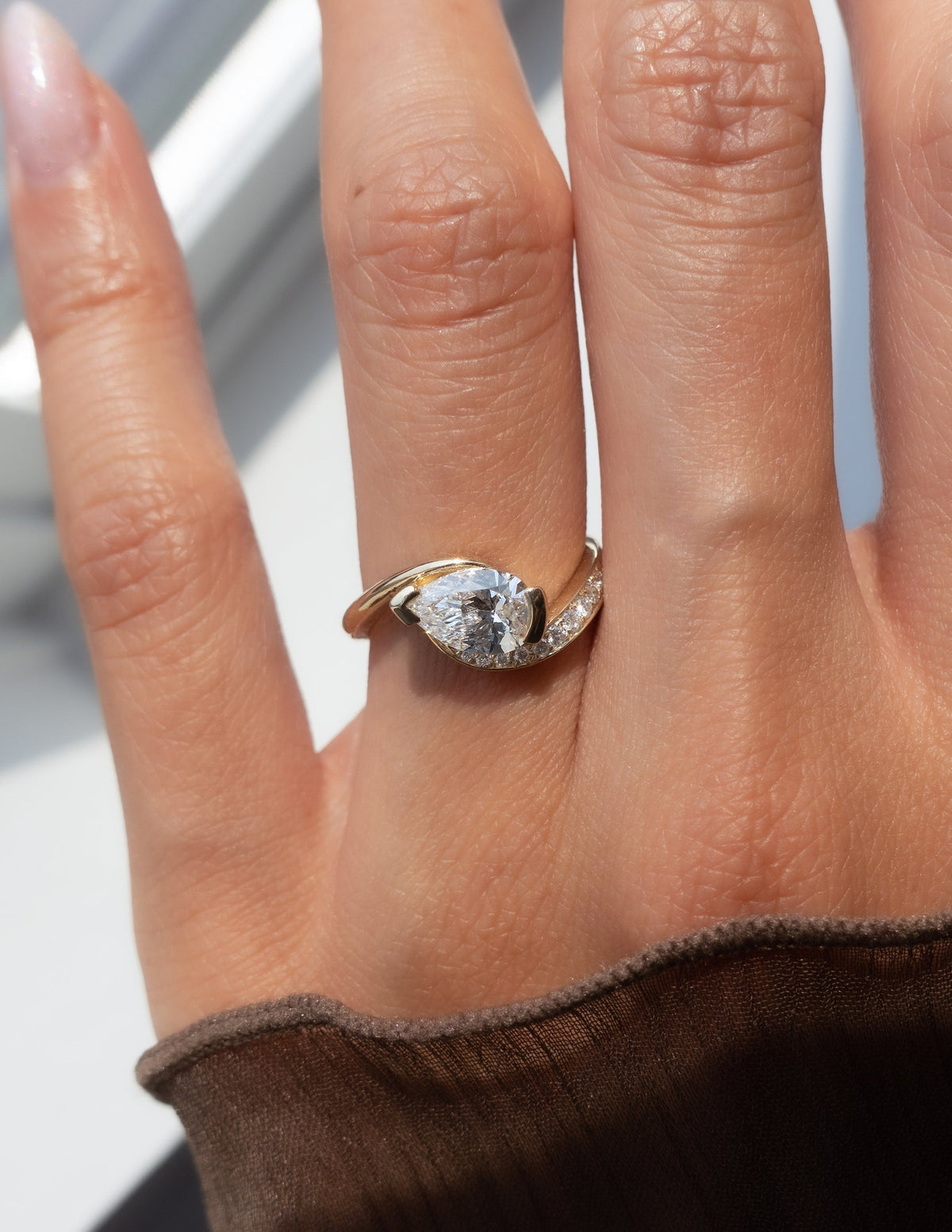 1.5 CT Pear Cut Lab Grown Diamond Pavé Unique Setting Engagement Ring