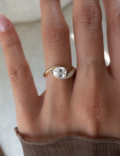 1.5 CT Pear Cut Lab Grown Diamond Pavé Unique Setting Engagement Ring