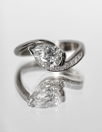 1.5 CT Pear Cut Lab Grown Diamond Pavé Unique Setting Engagement Ring