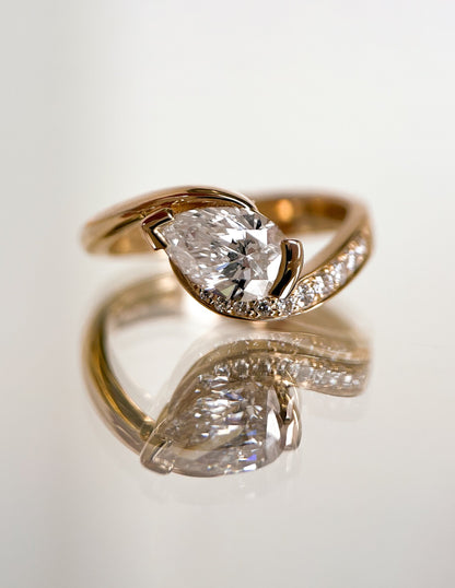 1.5 CT Pear Cut Lab Grown Diamond Pavé Unique Setting Engagement Ring
