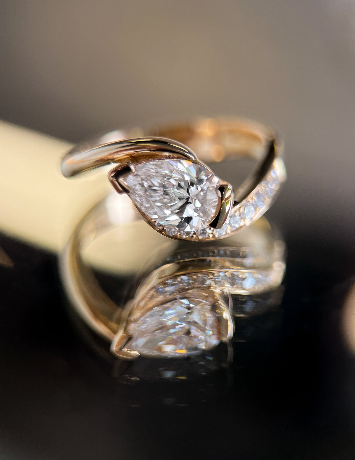 1.5 CT Pear Cut Lab Grown Diamond Pavé Unique Setting Engagement Ring