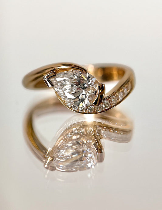 1.5 CT Pear Cut Lab Grown Diamond Pavé Unique Setting Engagement Ring