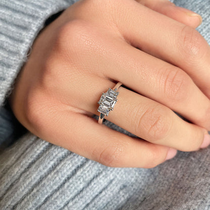 0.70 CT Emerald Three Stone Lab Grown Diamond Engagement Ring