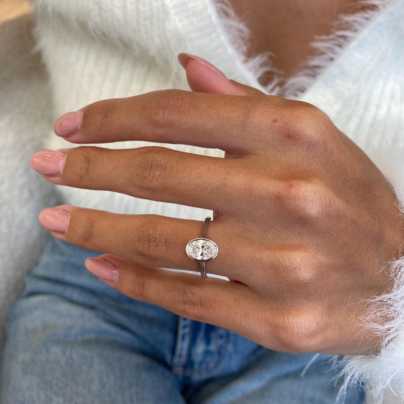 1 CT Oval Bezel & Solitaire Lab Grown Diamond Engagement Ring