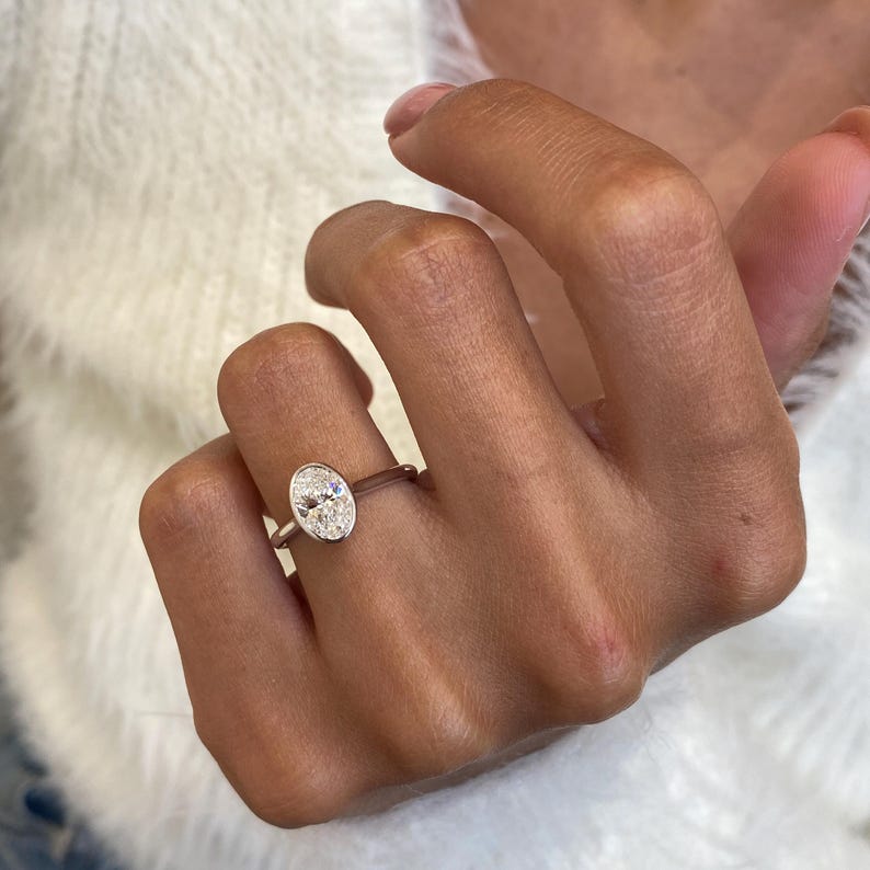 1 CT Oval Bezel & Solitaire Lab Grown Diamond Engagement Ring