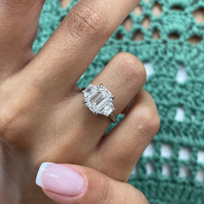 2 CT Emerald Three Stone Lab Grown Diamond Engagement Ring