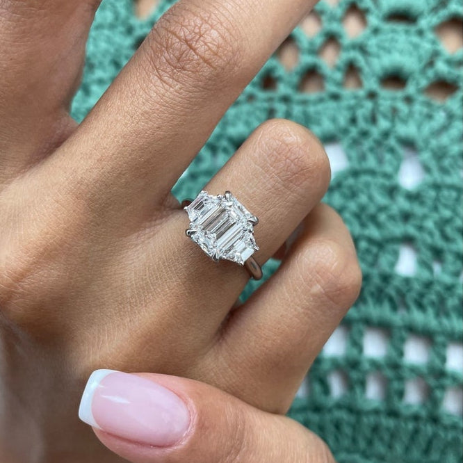 2 CT Emerald Three Stone Lab Grown Diamond Engagement Ring