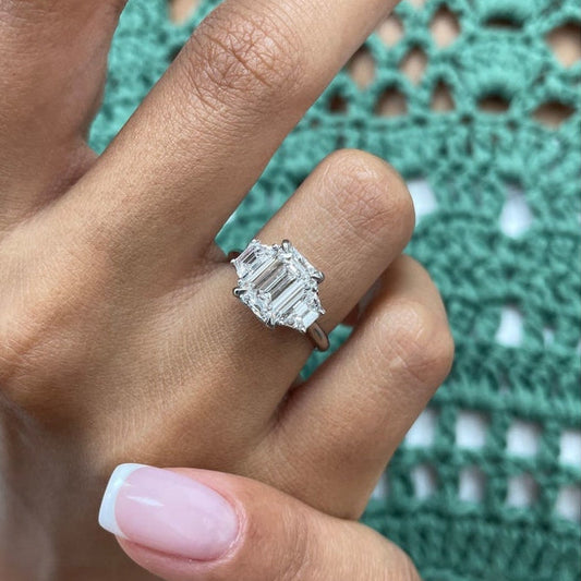 2 CT Emerald Three Stone Lab Grown Diamond Engagement Ring