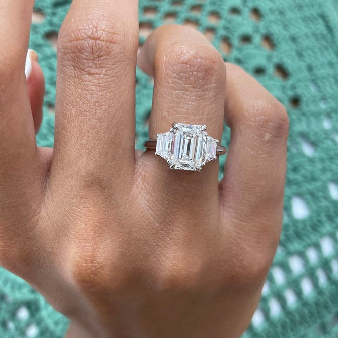2 CT Emerald Three Stone Lab Grown Diamond Engagement Ring
