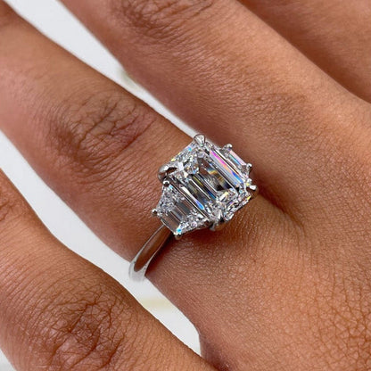 2 CT Emerald Three Stone Lab Grown Diamond Engagement Ring