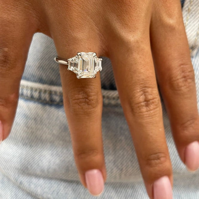 2 CT Emerald Three Stone Lab Grown Diamond Engagement Ring