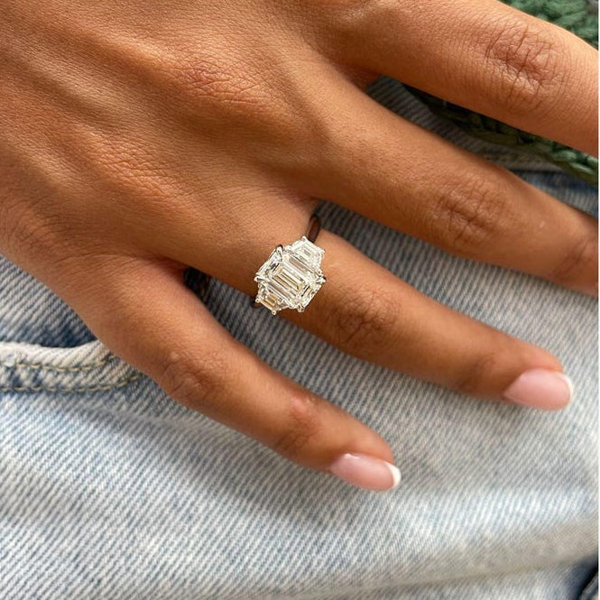2 CT Emerald Three Stone Lab Grown Diamond Engagement Ring