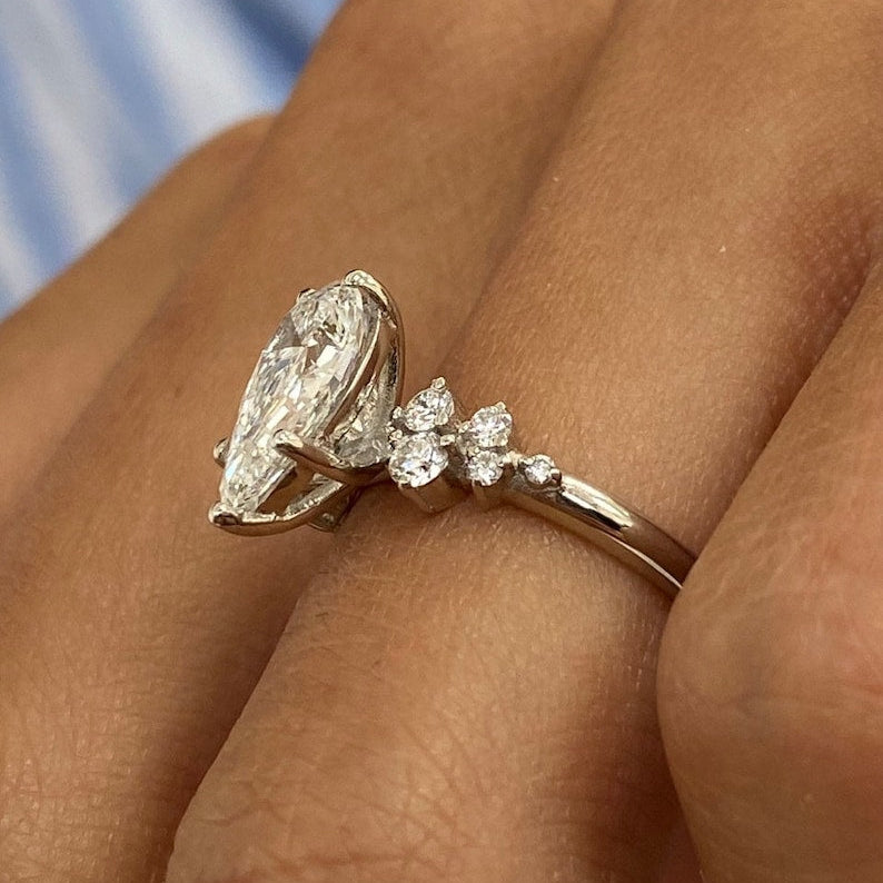 1.50 CT Pear Cluster Lab Grown Diamond Engagement Ring