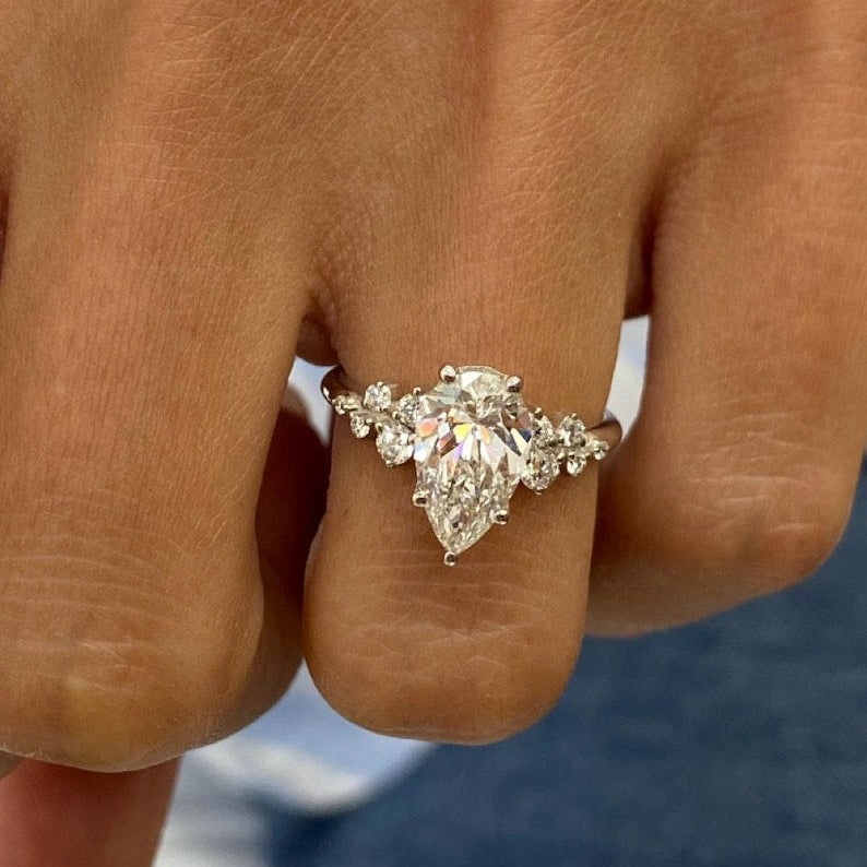 1.50 CT Pear Cluster Lab Grown Diamond Engagement Ring