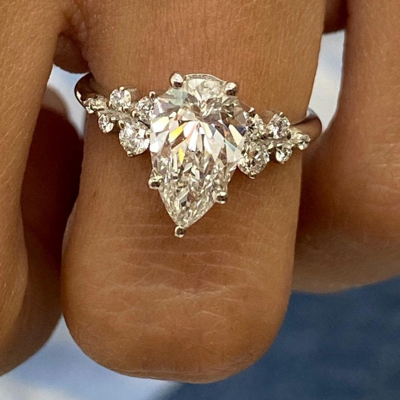 1.50 CT Pear Cluster Lab Grown Diamond Engagement Ring