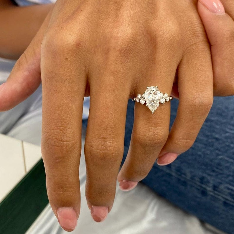 1.50 CT Pear Cluster Lab Grown Diamond Engagement Ring