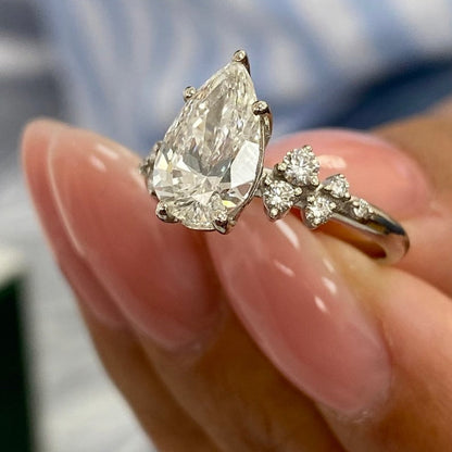 1.50 CT Pear Cluster Lab Grown Diamond Engagement Ring