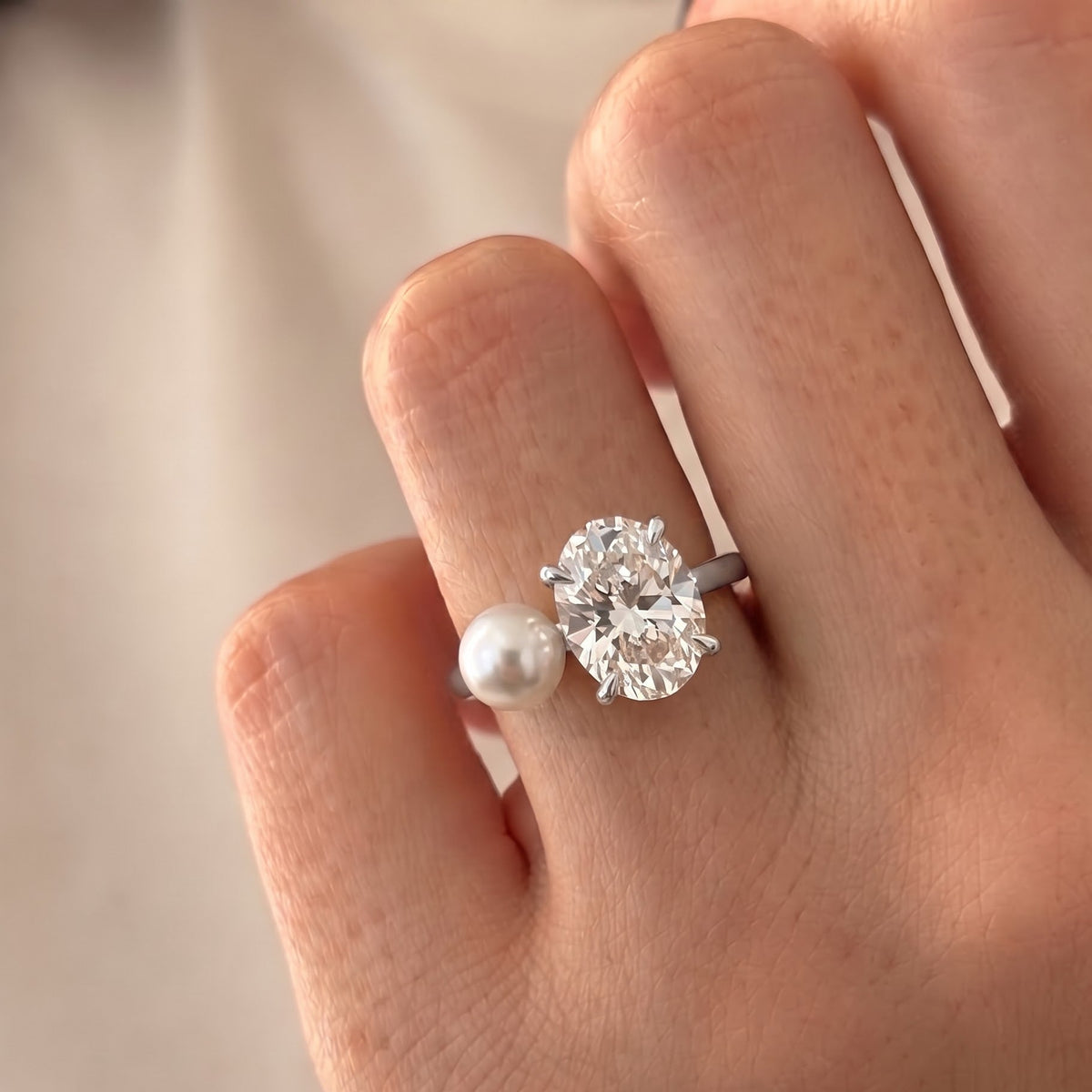 Ariana Grande – Inspired Oval Cut & Pearl Two Stone Lab Grown Diamond Engagement Ring