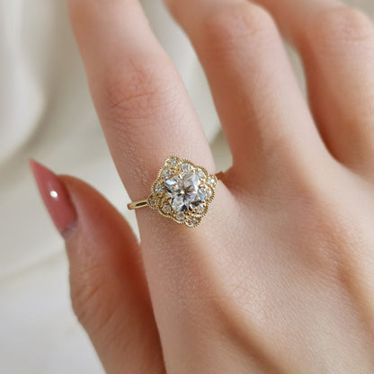 1 CT Cushion Vintage Halo Lab Grown Diamond Engagement Ring