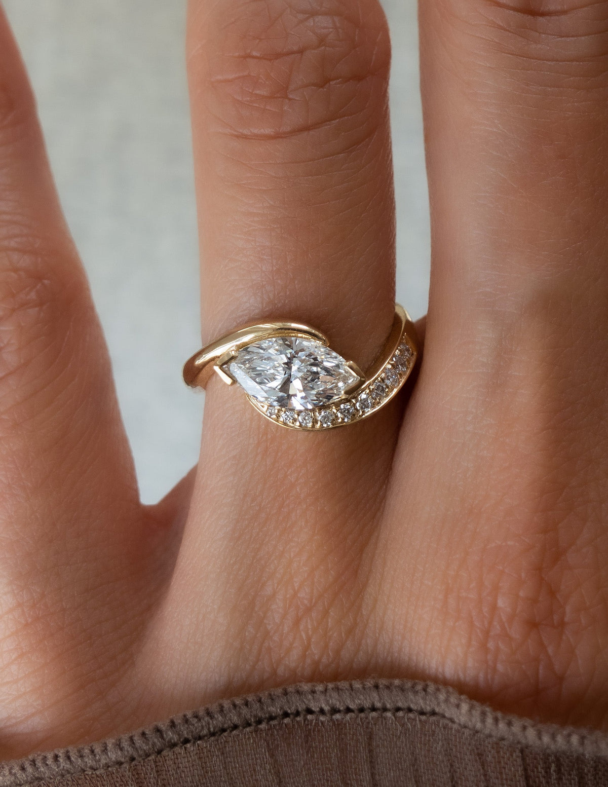 1.5 CT Marquise Cut Lab Grown Diamond Pavé Unique Setting Engagement Ring