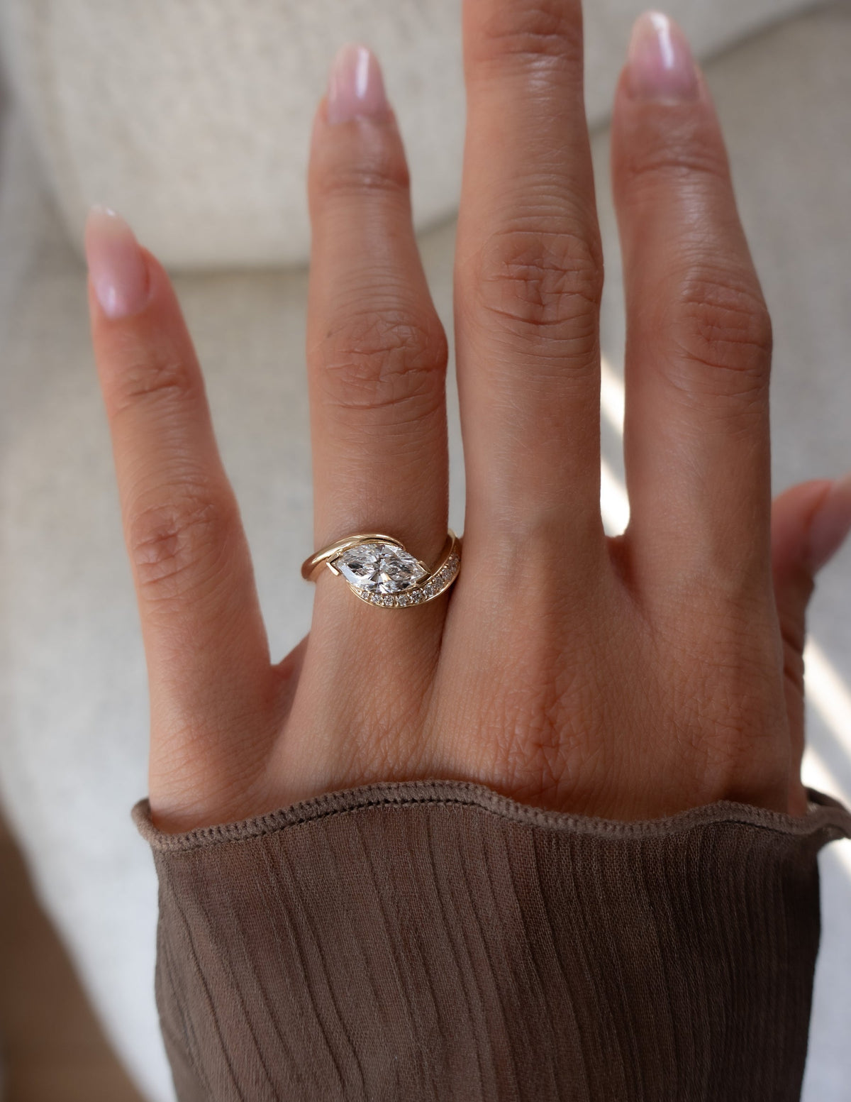 1.5 CT Marquise Cut Lab Grown Diamond Pavé Unique Setting Engagement Ring