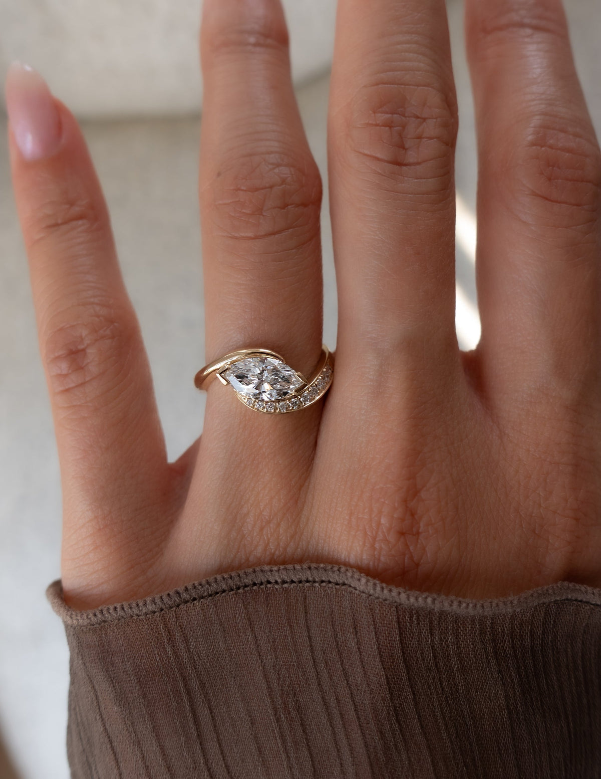 1.5 CT Marquise Cut Lab Grown Diamond Pavé Unique Setting Engagement Ring