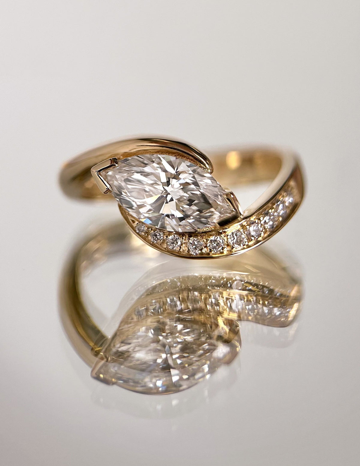 1.5 CT Marquise Cut Lab Grown Diamond Pavé Unique Setting Engagement Ring