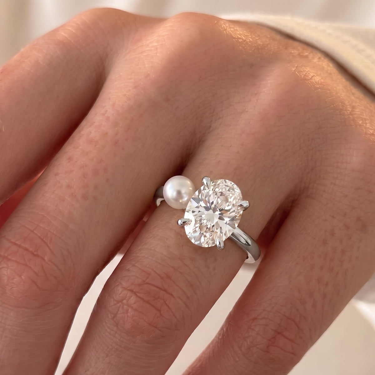 Ariana Grande – Inspired Oval Cut & Pearl Two Stone Lab Grown Diamond Engagement Ring